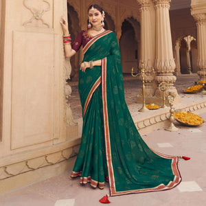 Green Embellished With Embroidered Border Satin Saree