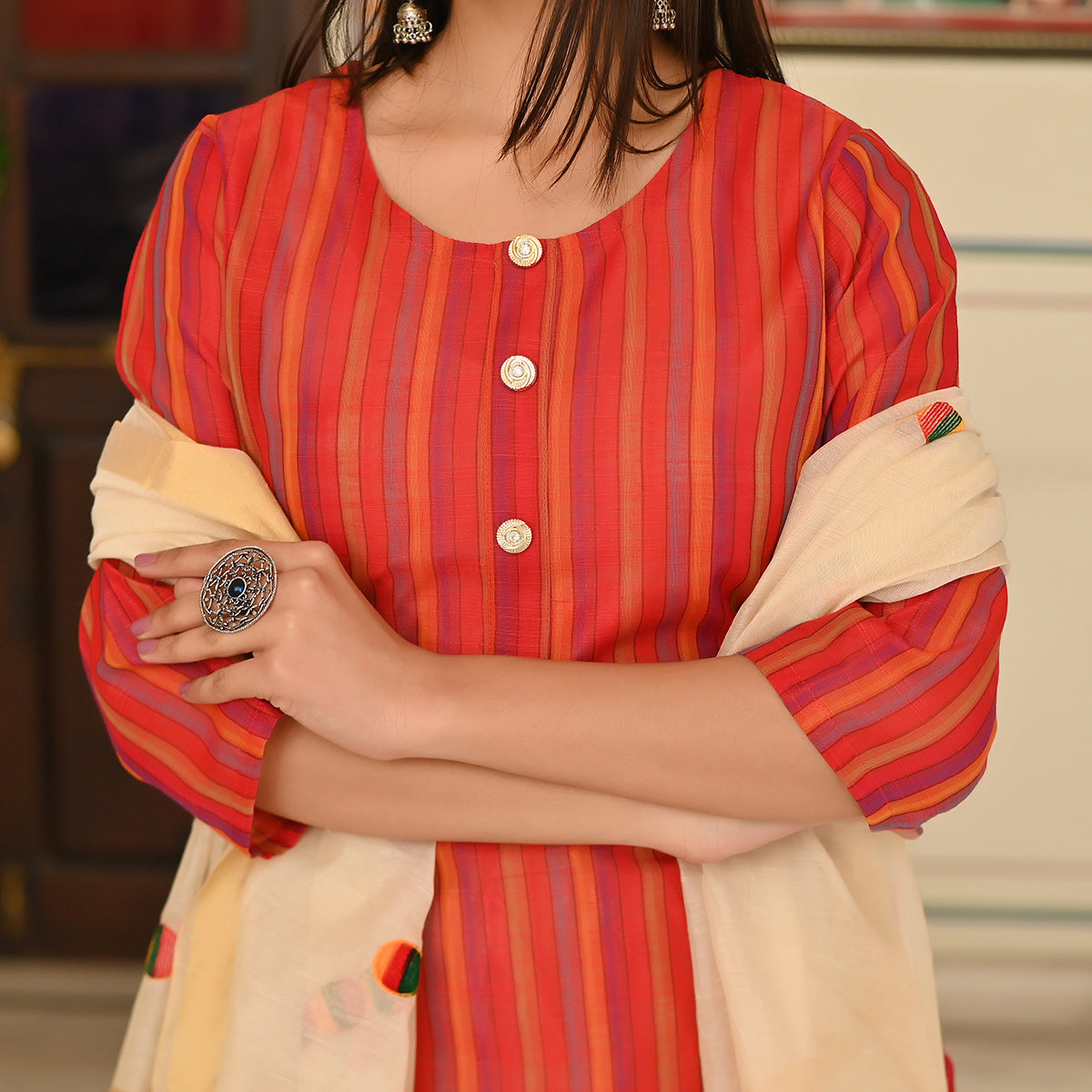 Red Stripes Printed Pure Cotton Salwar Suit