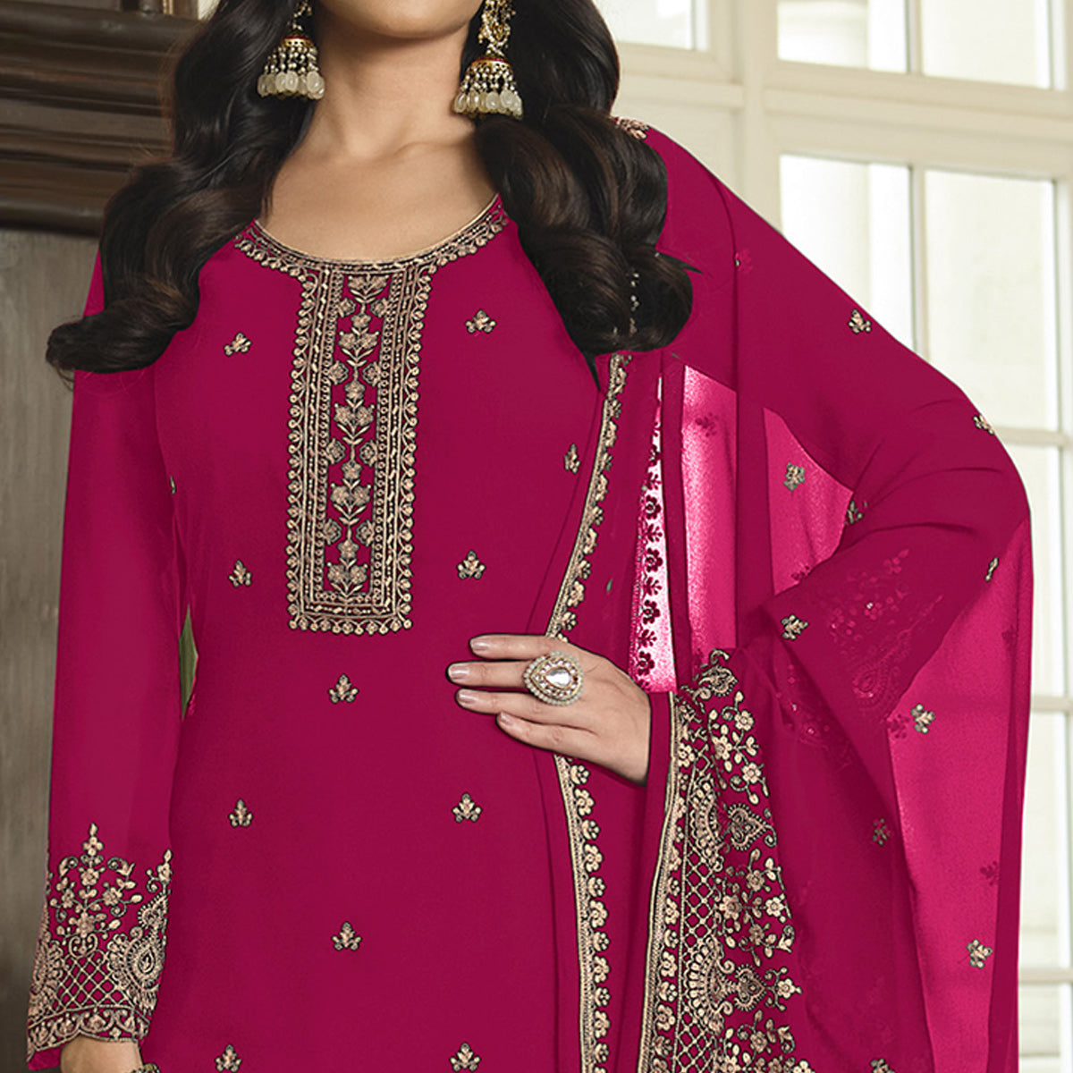 Pink Floral Embroidered Georgette Sharara Suit