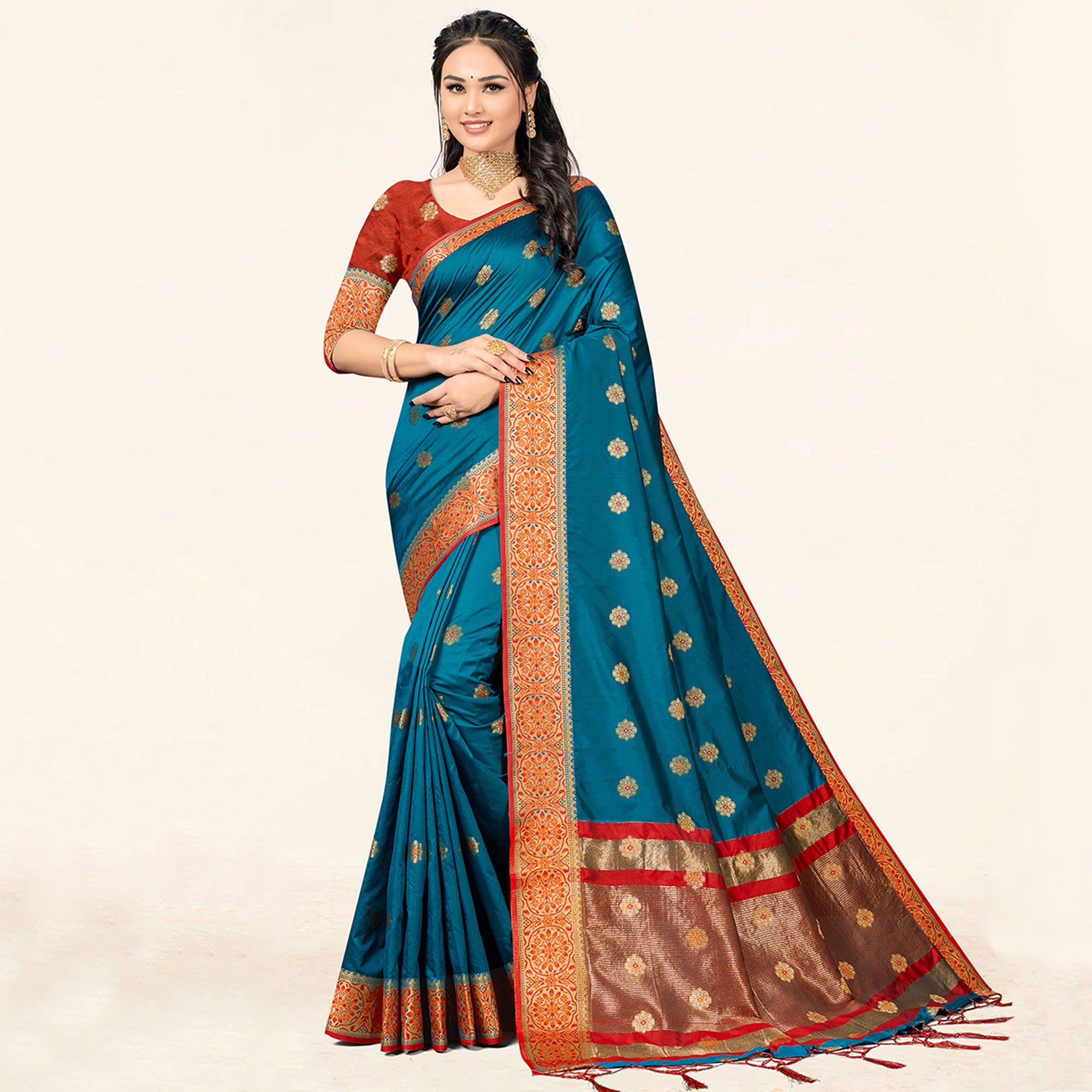 Teal Blue Woven Art Silk Saree With Tassels