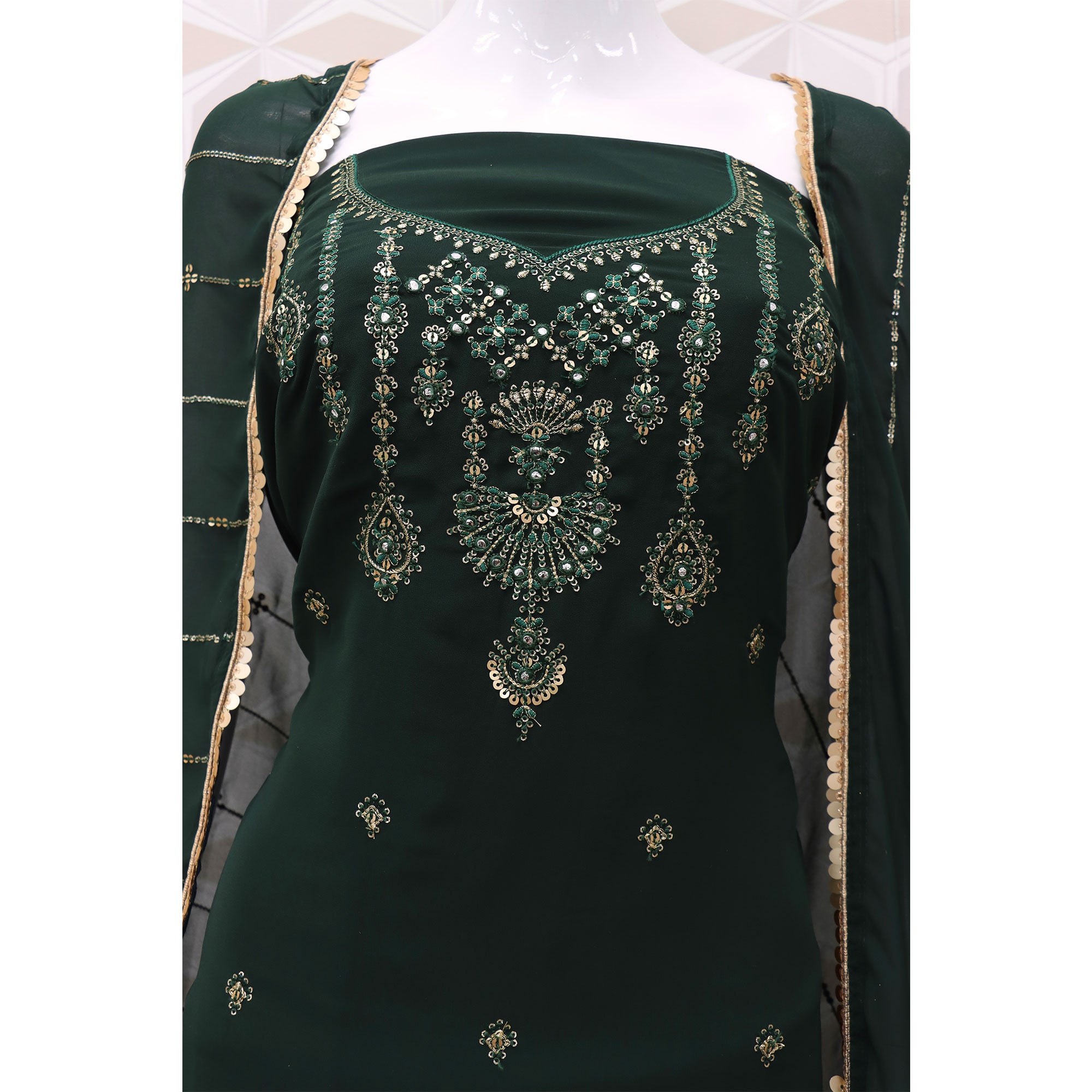 Green Sequins Embroidered Georgette Sharara Suit