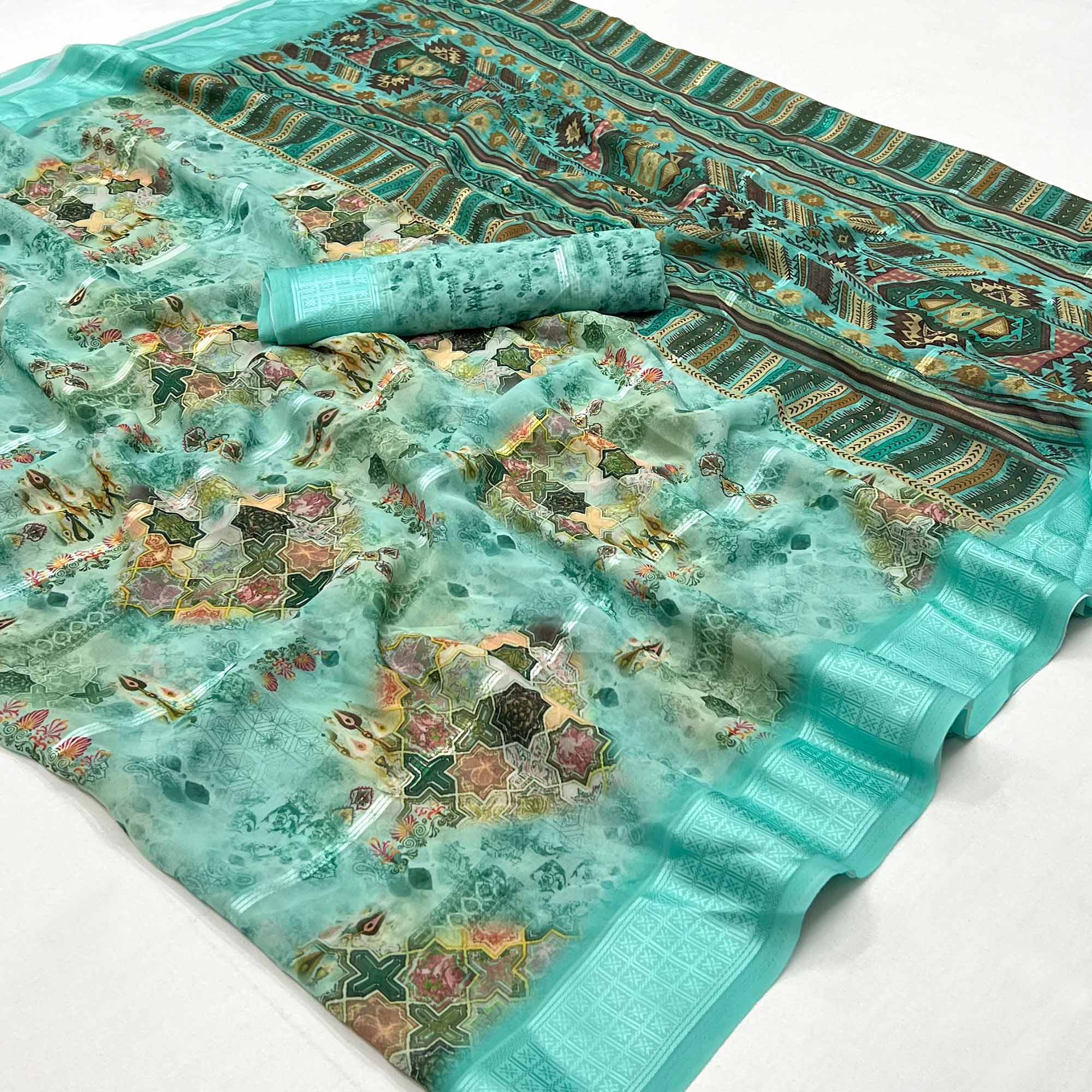 Turquoise Digital Printed Viscose Saree