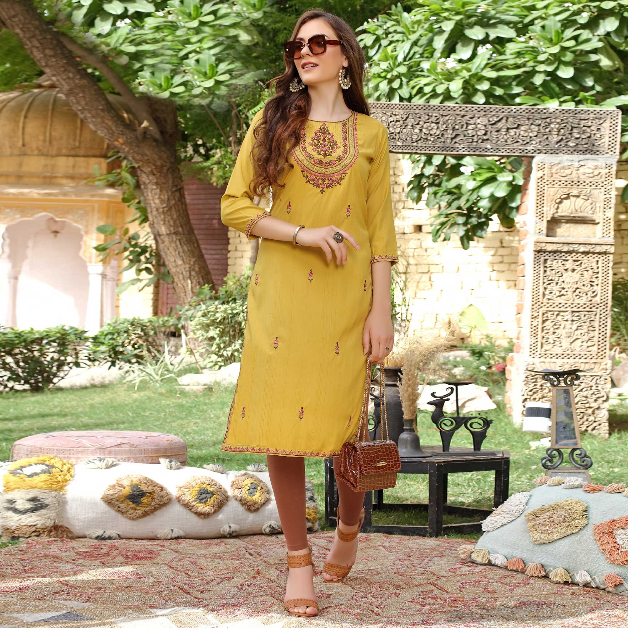 Yellow Floral Embroidered Muslin Kurti