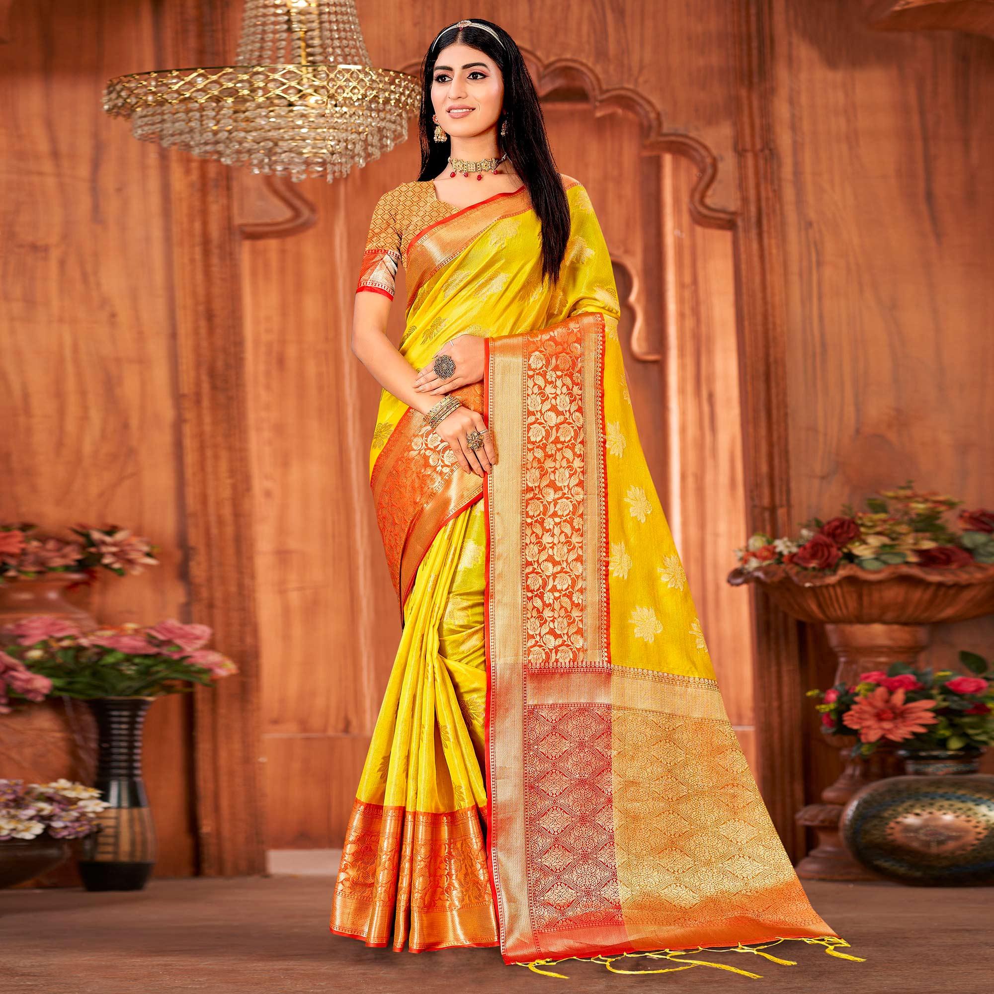 Yellow Woven Art Silk Saree With Tassels
