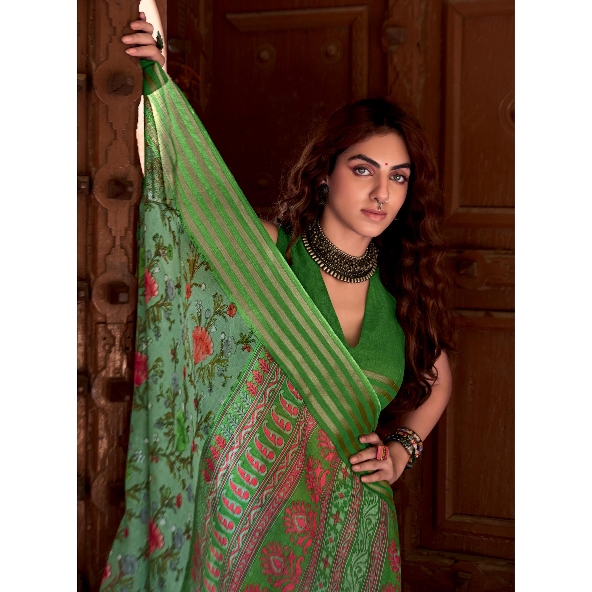 Green Floral Printed Linen Saree