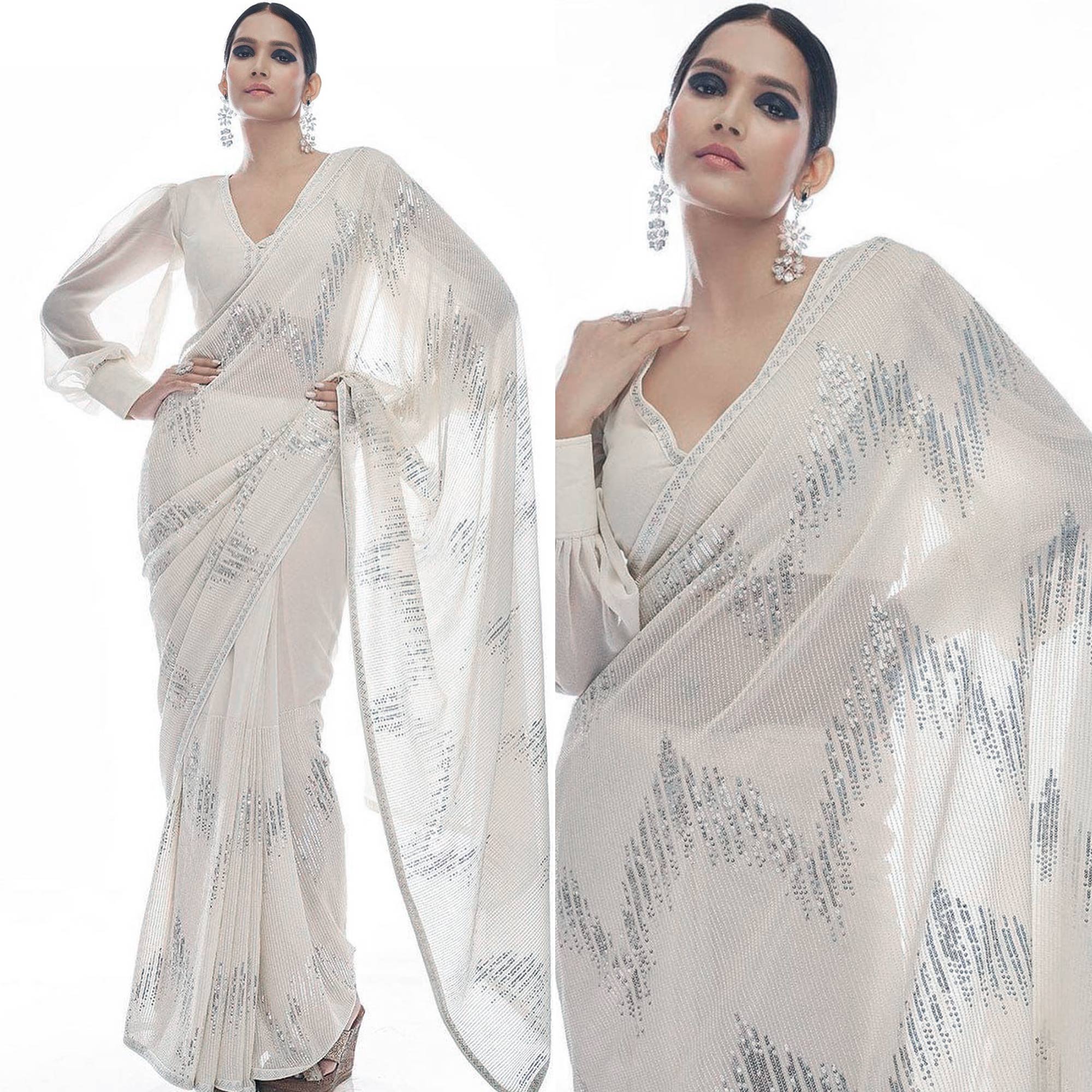 White Sequins Embroidered Georgette Saree