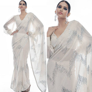 White Sequins Embroidered Georgette Saree