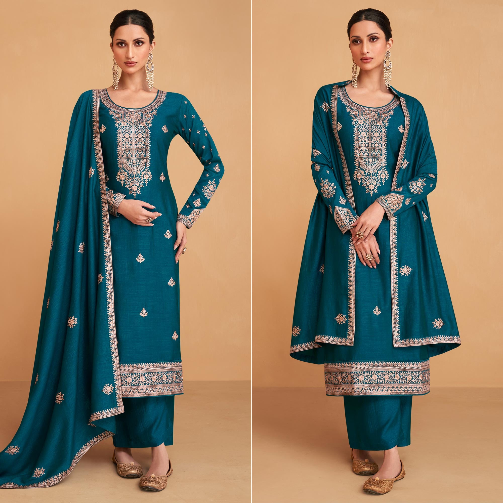 Rama Blue Embroidered Art Silk Palazzo Suit