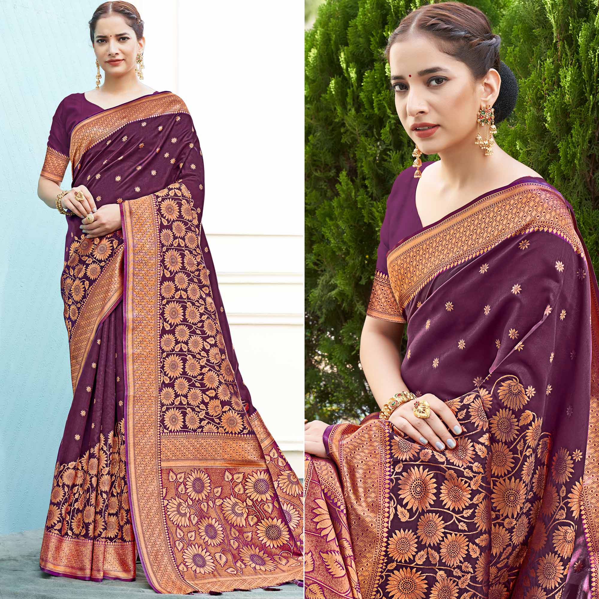 Purple Floral Woven Art Silk Saree