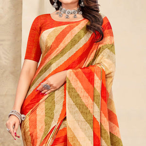 Orange Striped Printed Crepe Saree