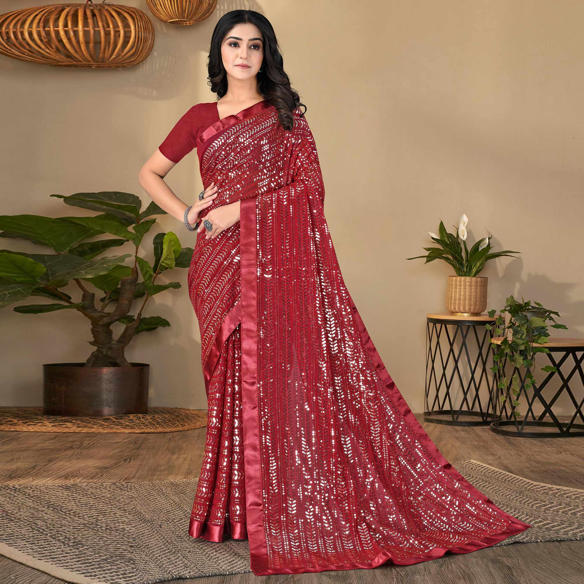Red Sequins Embroidered Georgette Saree