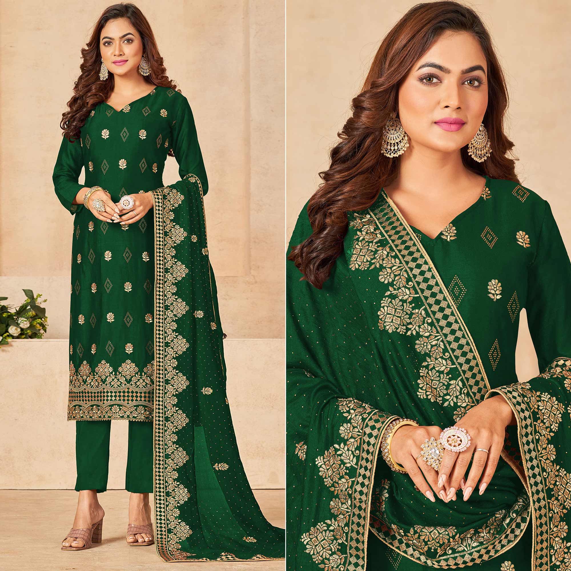 Green Embroidered Vichitra Silk Suit
