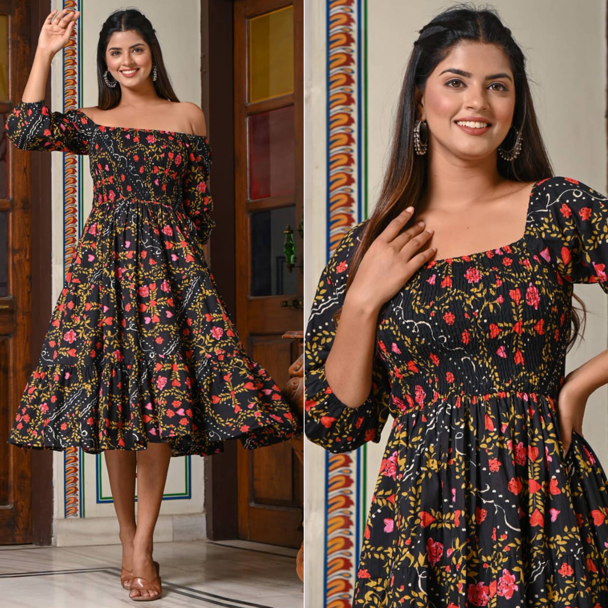 Black Floral Printed Pure Cotton Dress