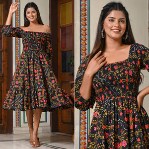 Black Floral Printed Pure Cotton Dress