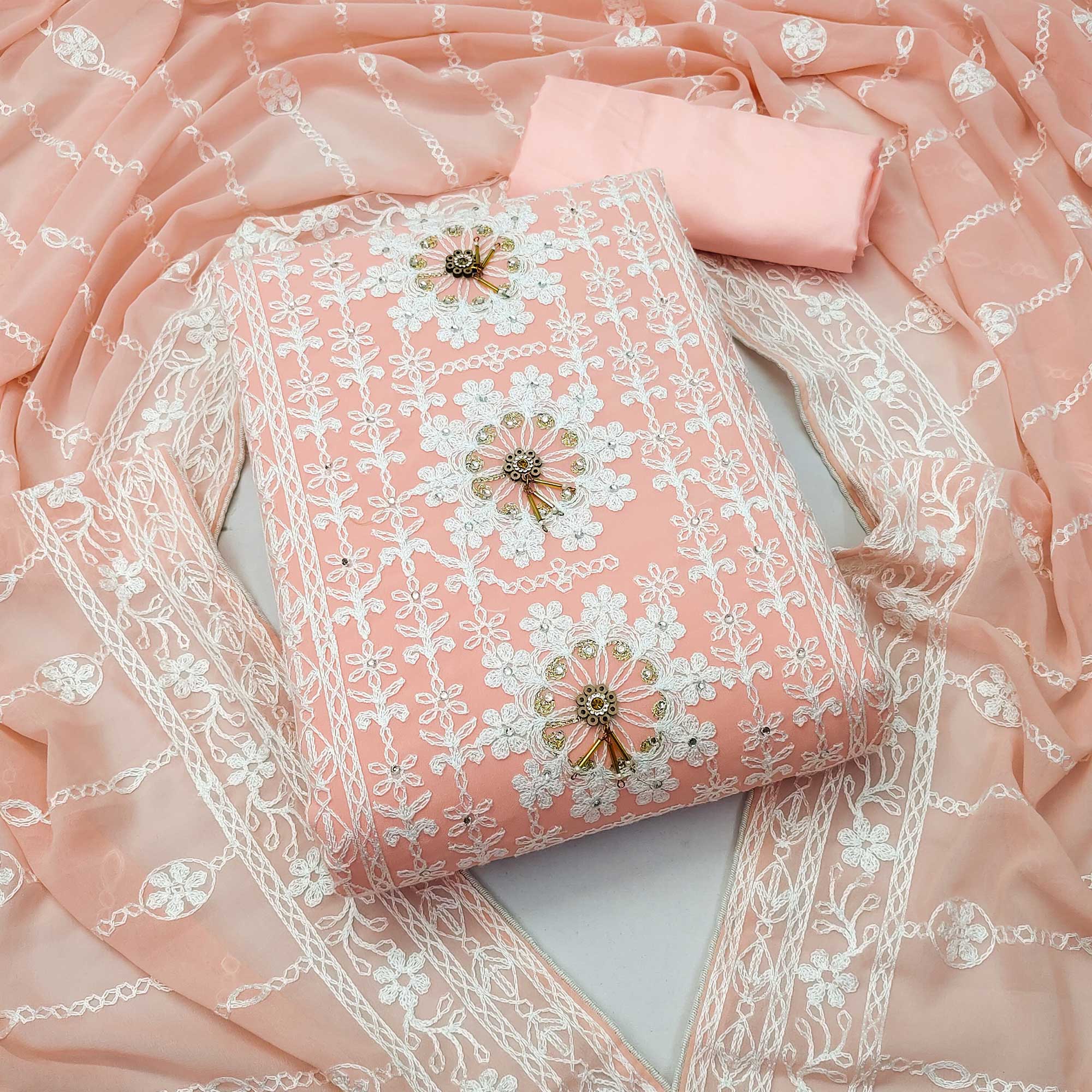 Peach Lucknowi Embroidered Georgette Dress Material