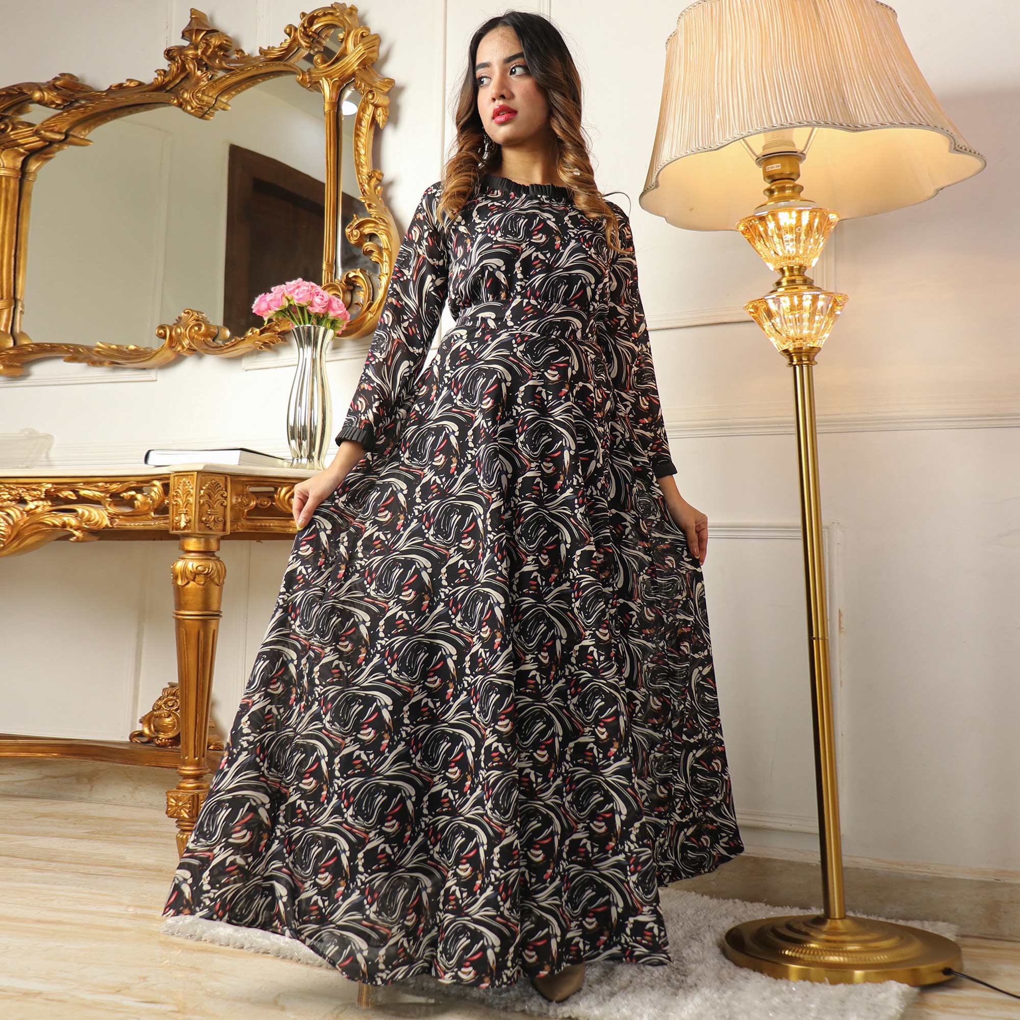 Black Printed Georgette Gown