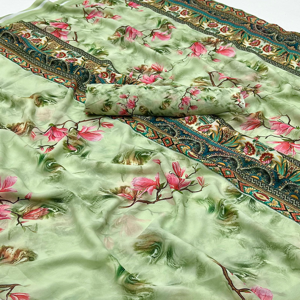 Green Floral Digital Printed Georgette Saree