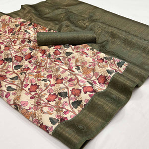 Cream Digital Printed Cotton Silk Saree