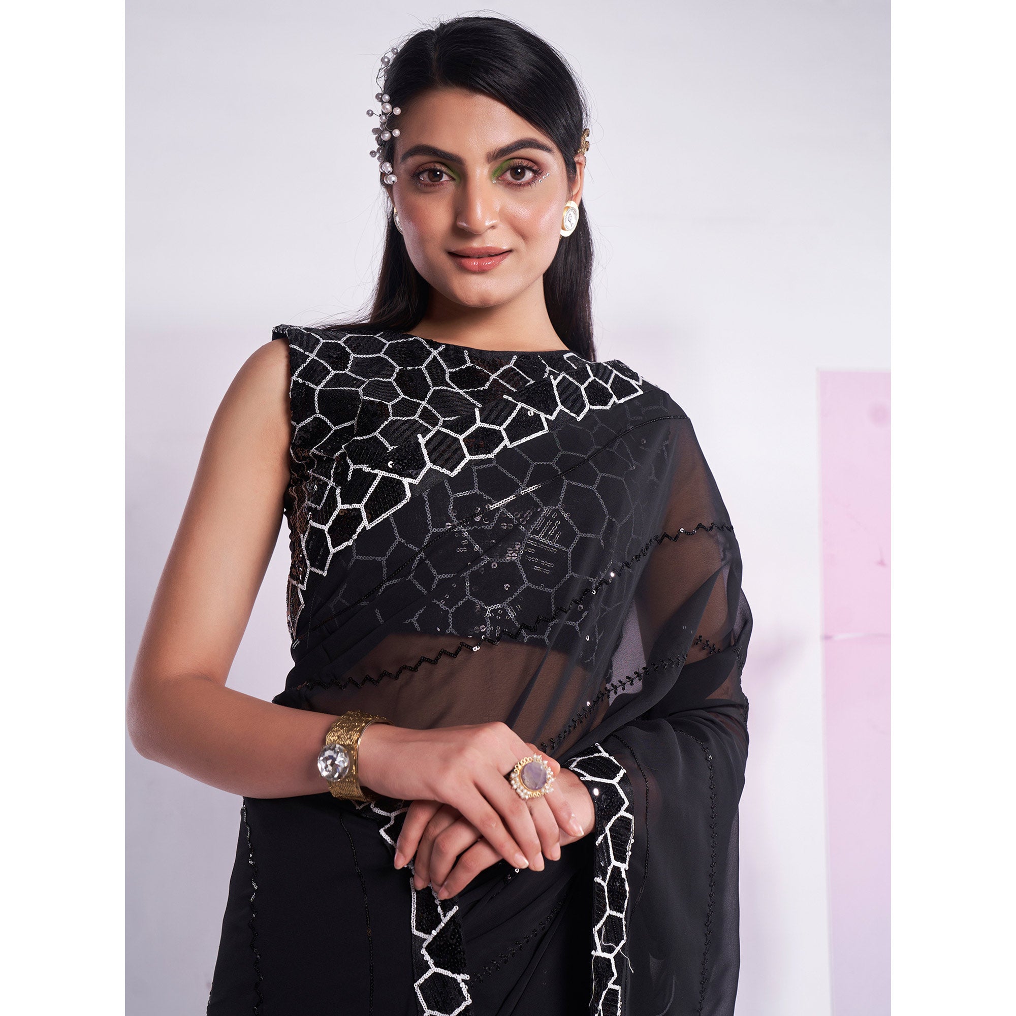Black Sequins Embroidered Georgette Saree