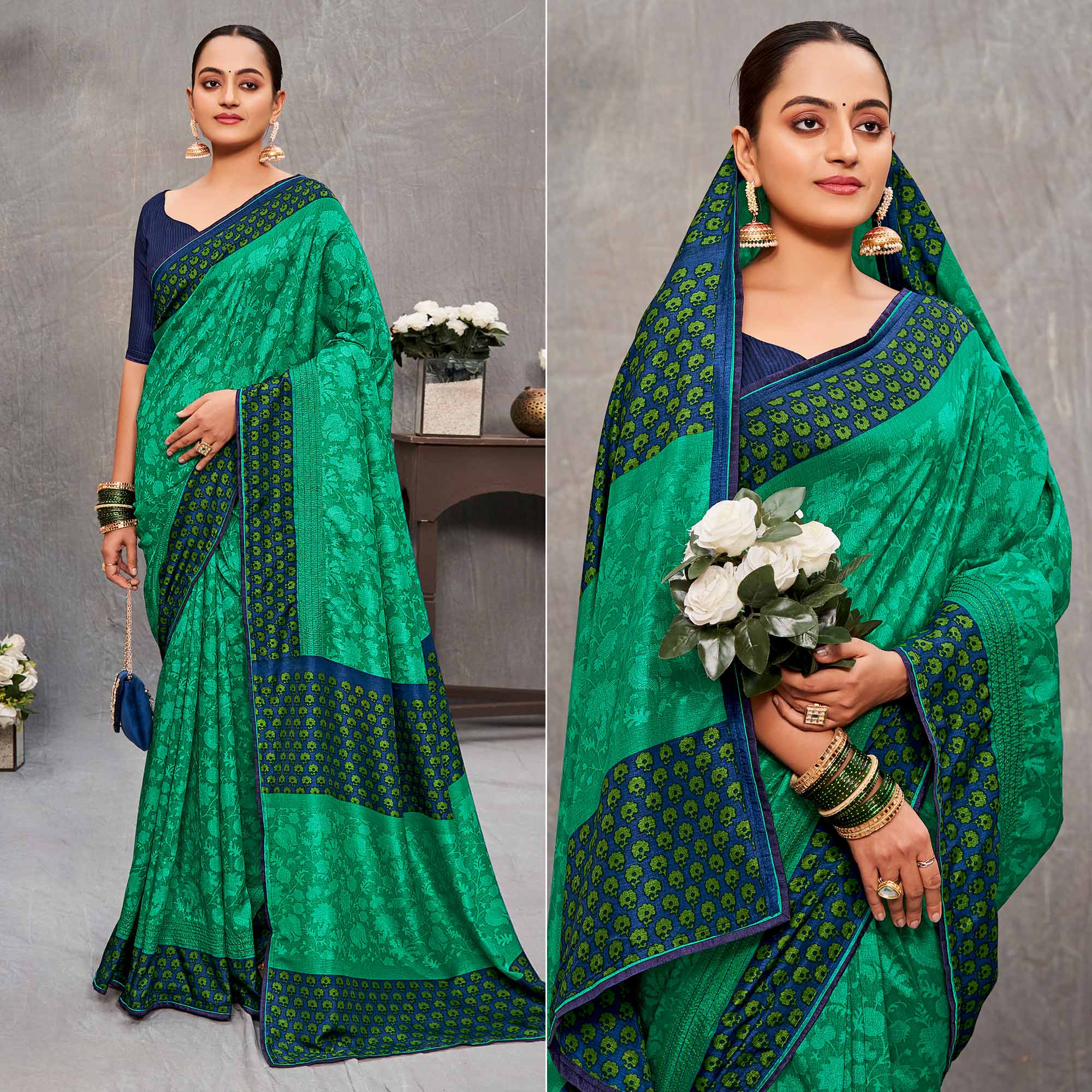 Green Printed With Embroidery Tussar Silk Saree
