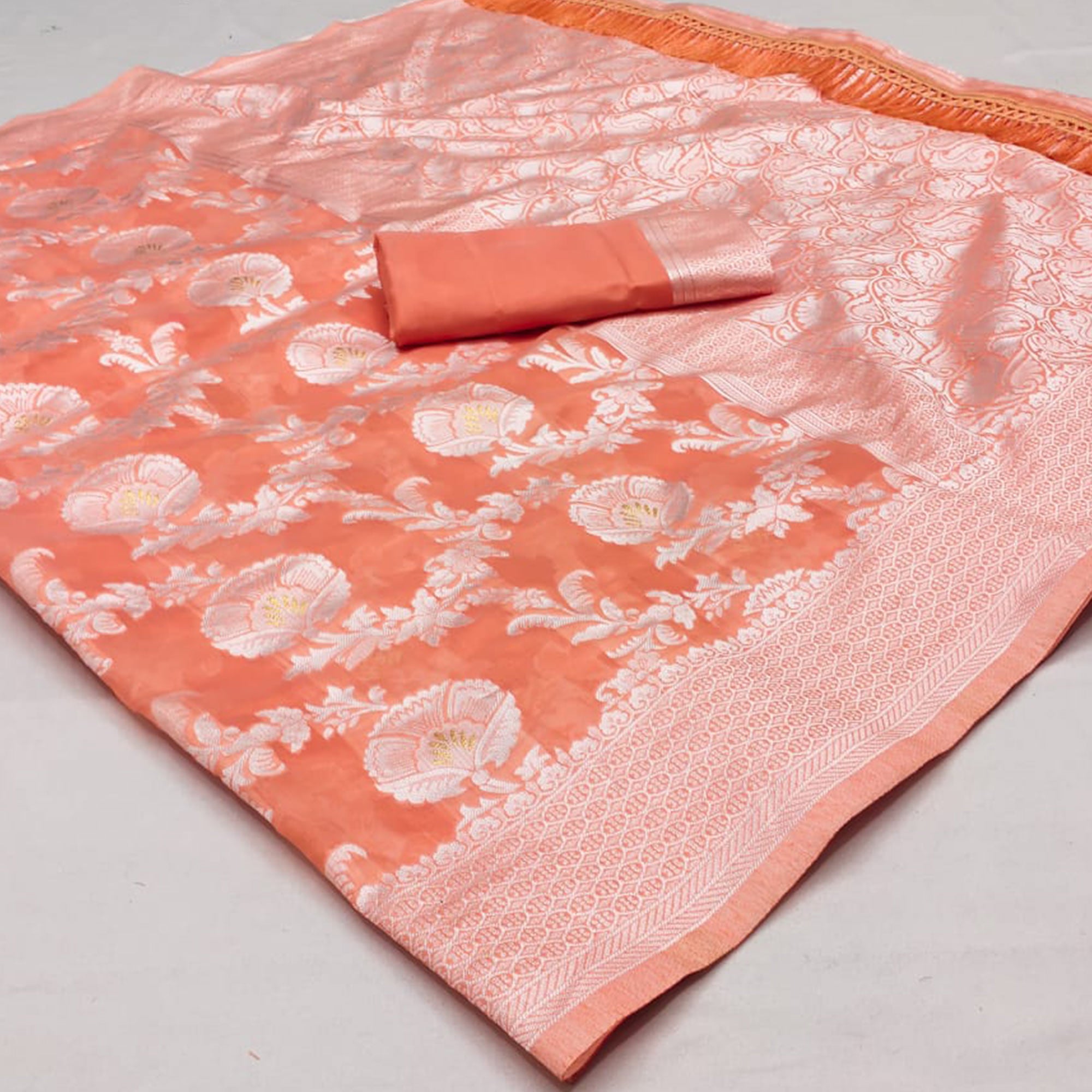 Peach Woven Cotton Blend Saree With Tassels