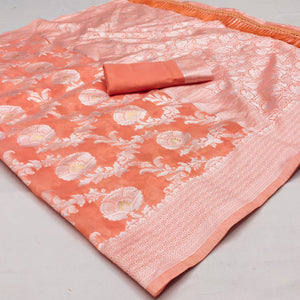 Peach Woven Cotton Blend Saree With Tassels