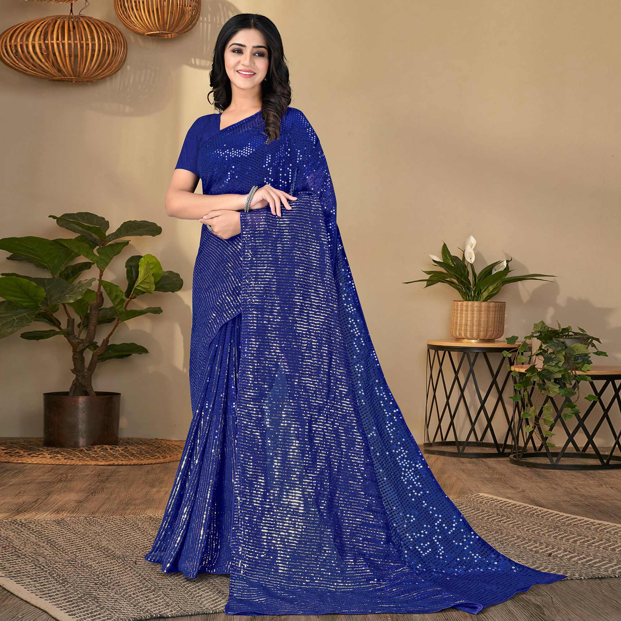 Blue Sequins Embroidered Georgette Saree