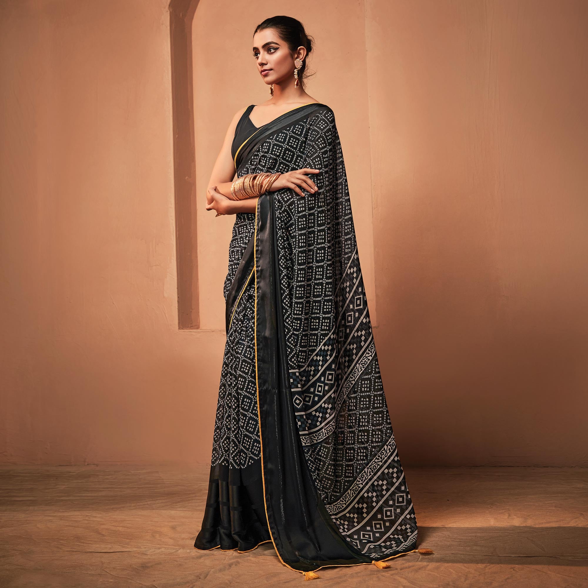 Black Printed Georgette Saree With Tassels
