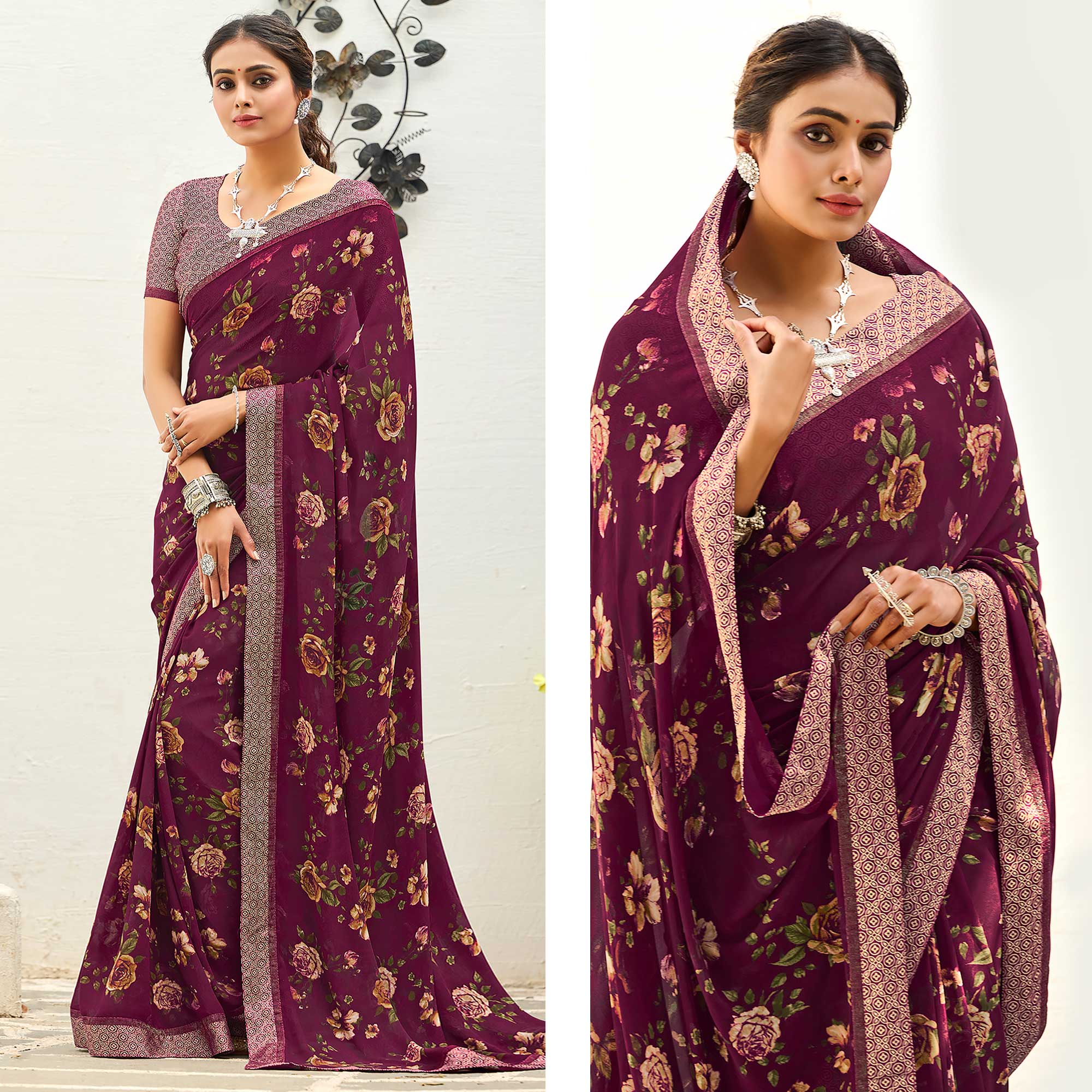 Purple Floral Printed Georgette Saree