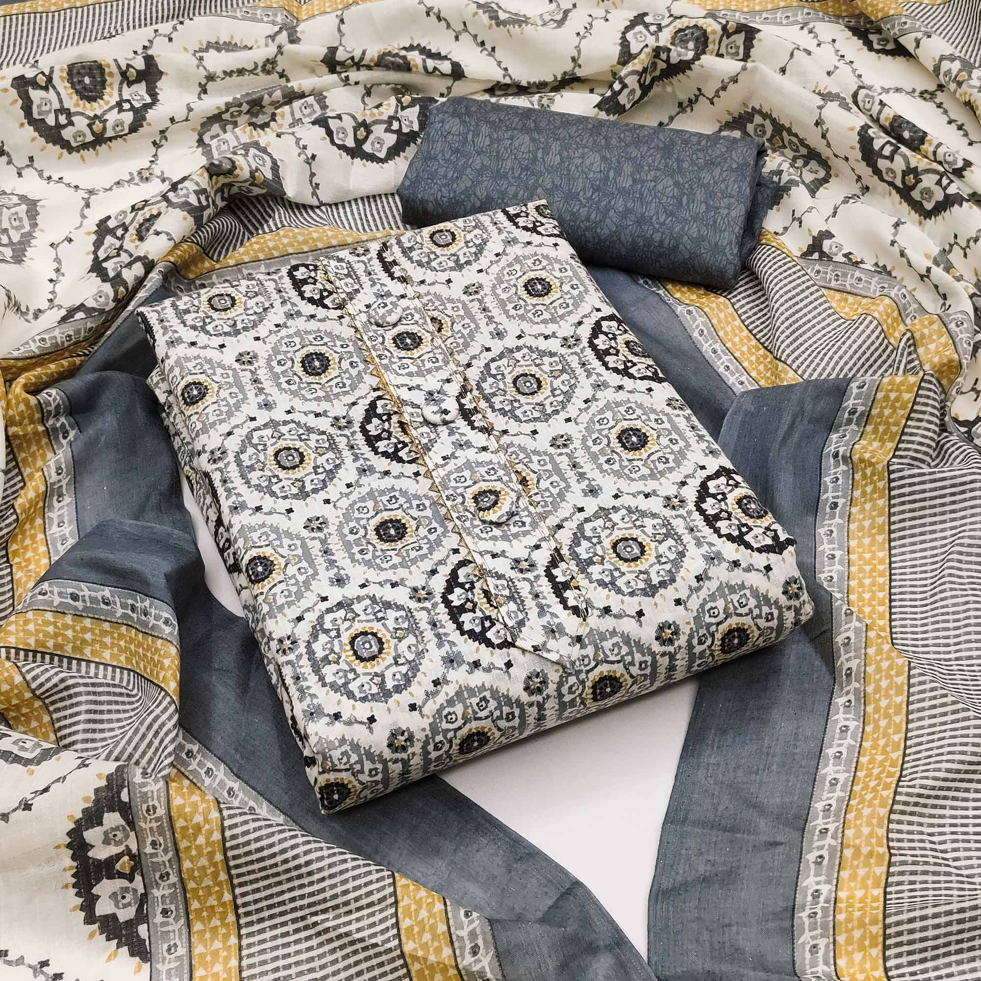 Grey Printed Pure Cotton Dress Material