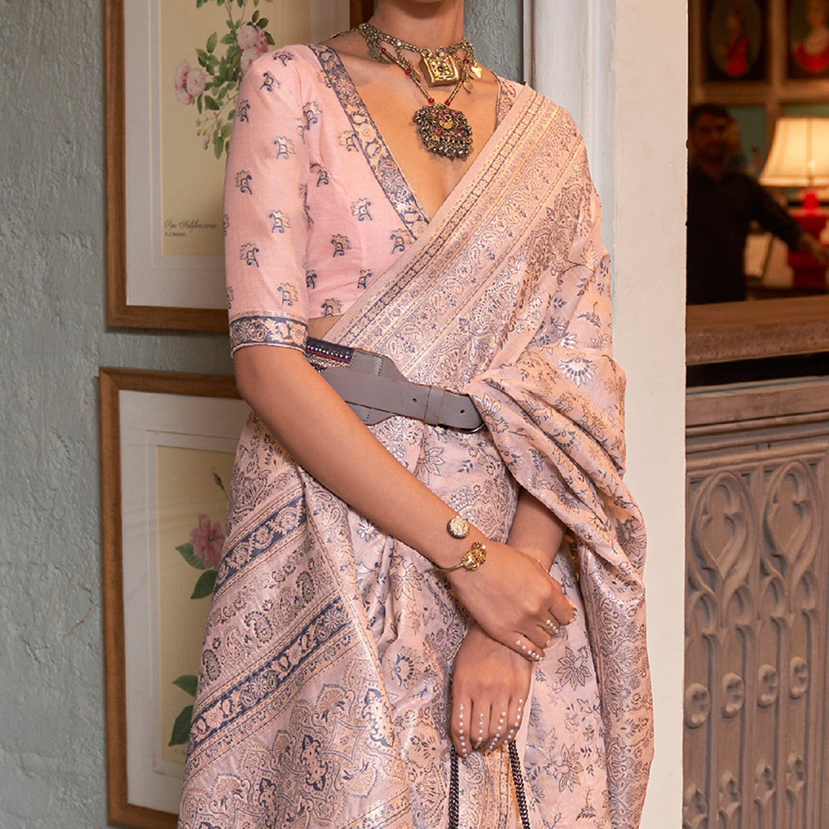Peach Floral Woven Modal Saree With Tassels