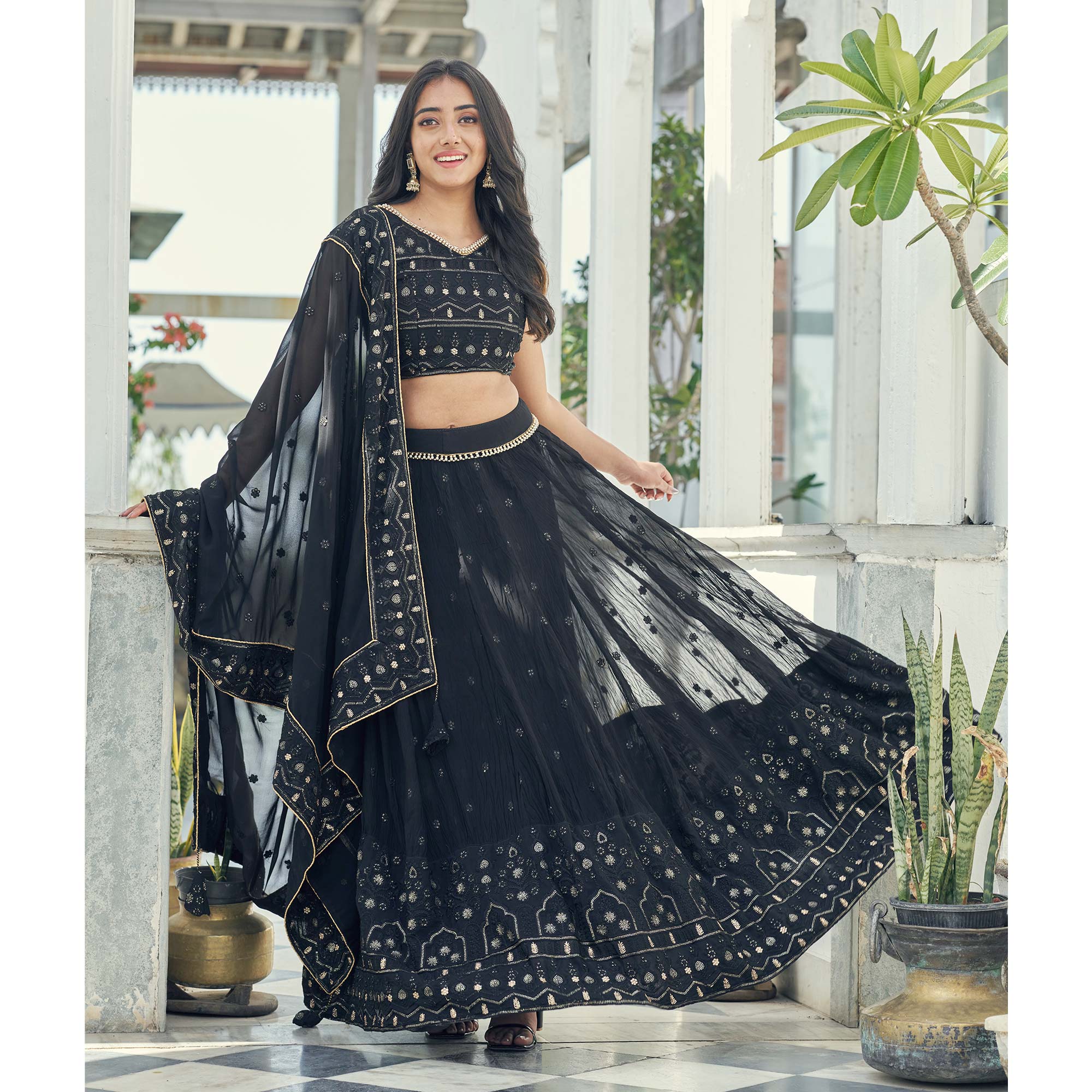Black Sequins Embroidered Georgette Lehenga Choli