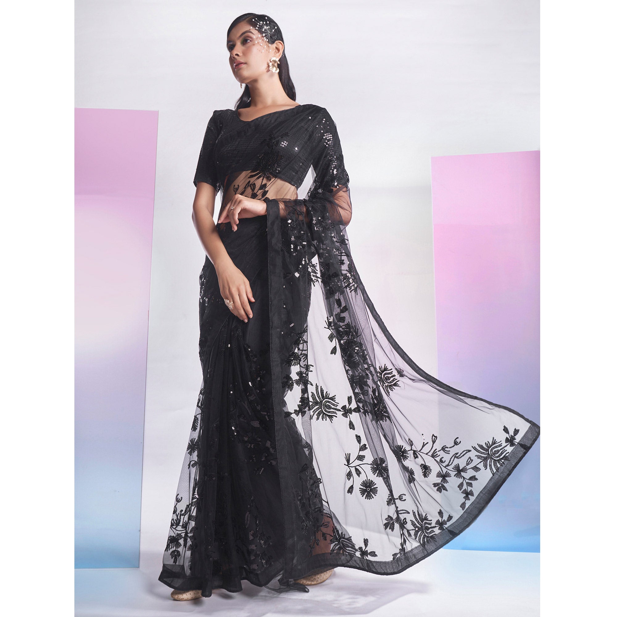 Black Floral Sequins Embroidered Soft Net Saree