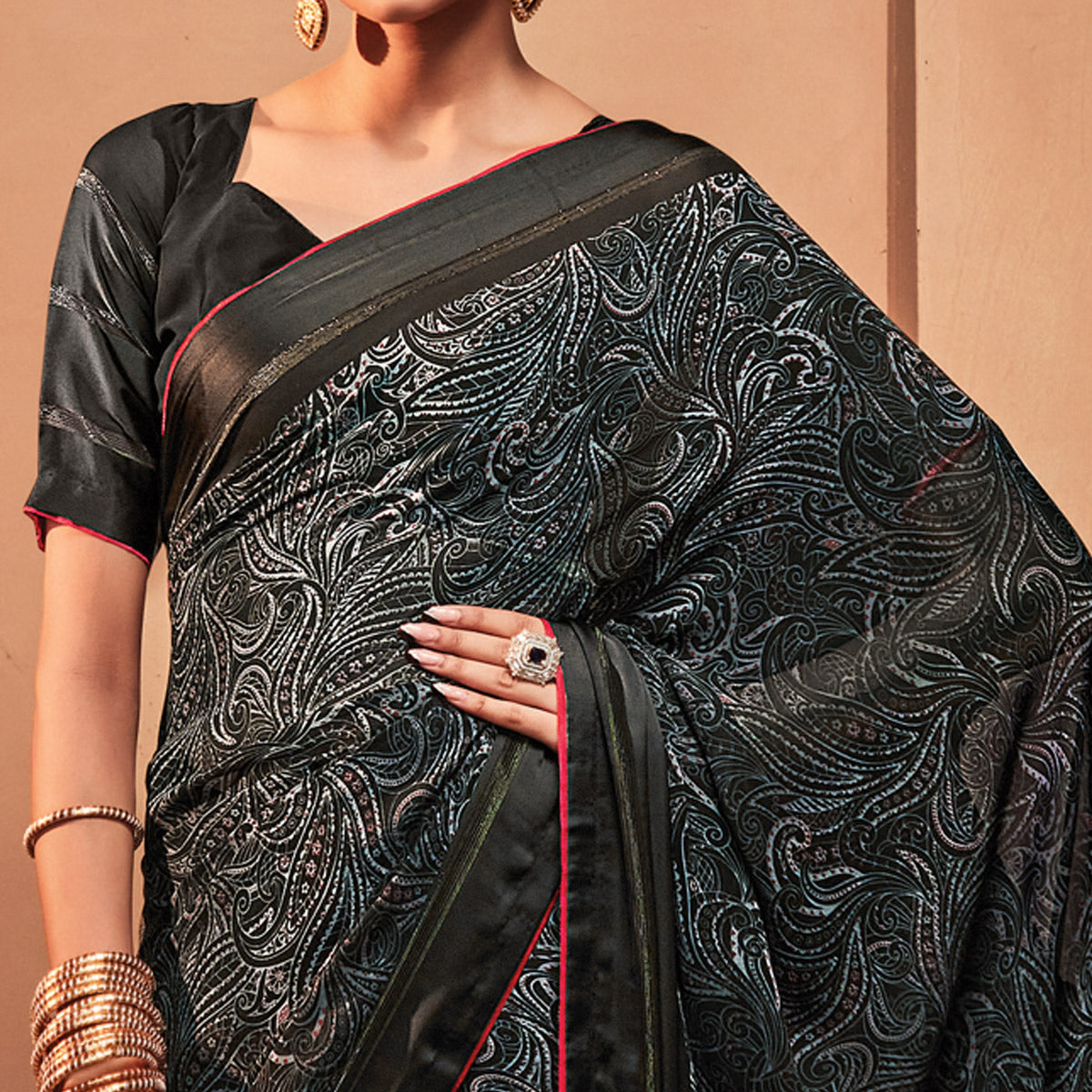 Black Printed Georgette Saree With Tassels