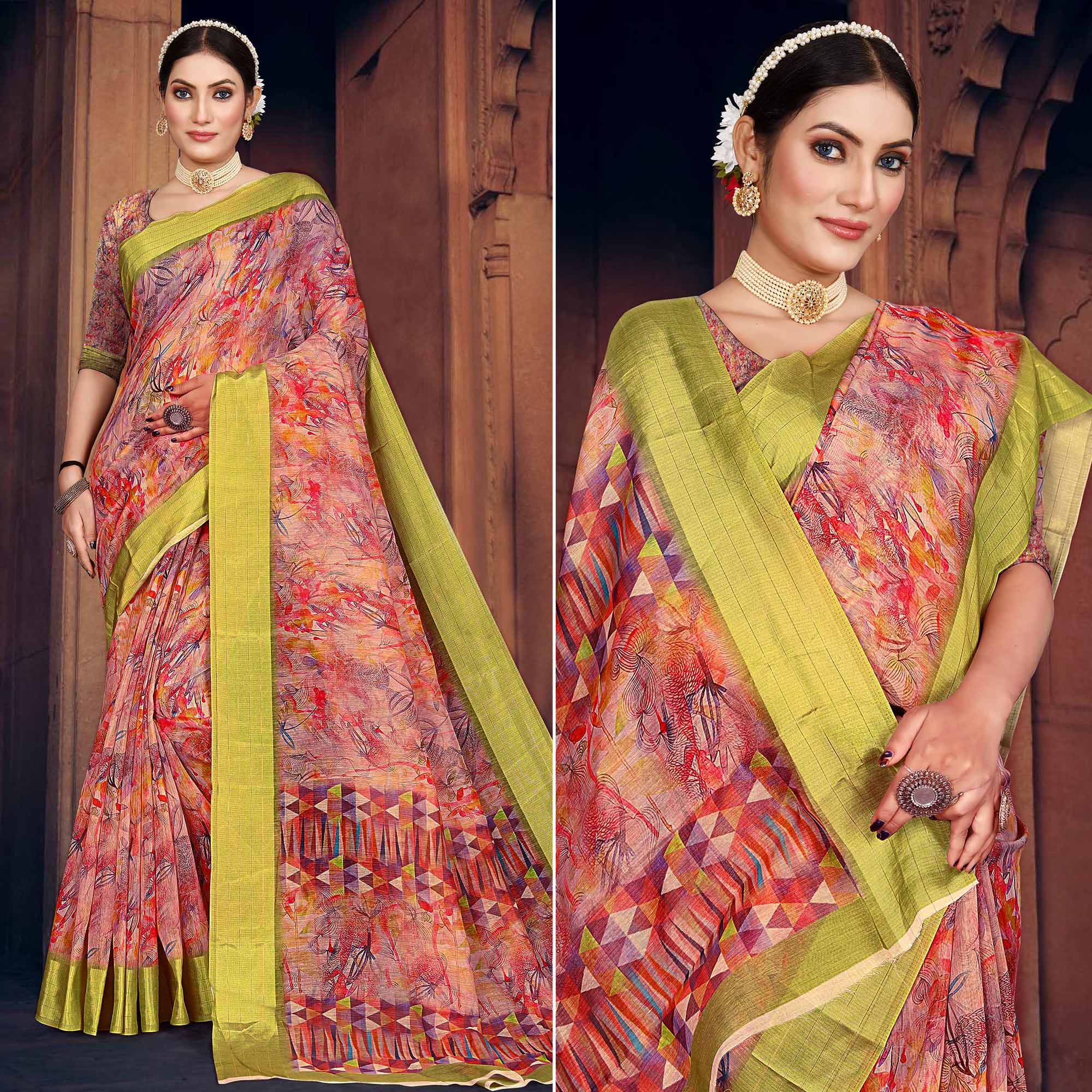 Multicolored Digital Printed Cotton Blend Saree