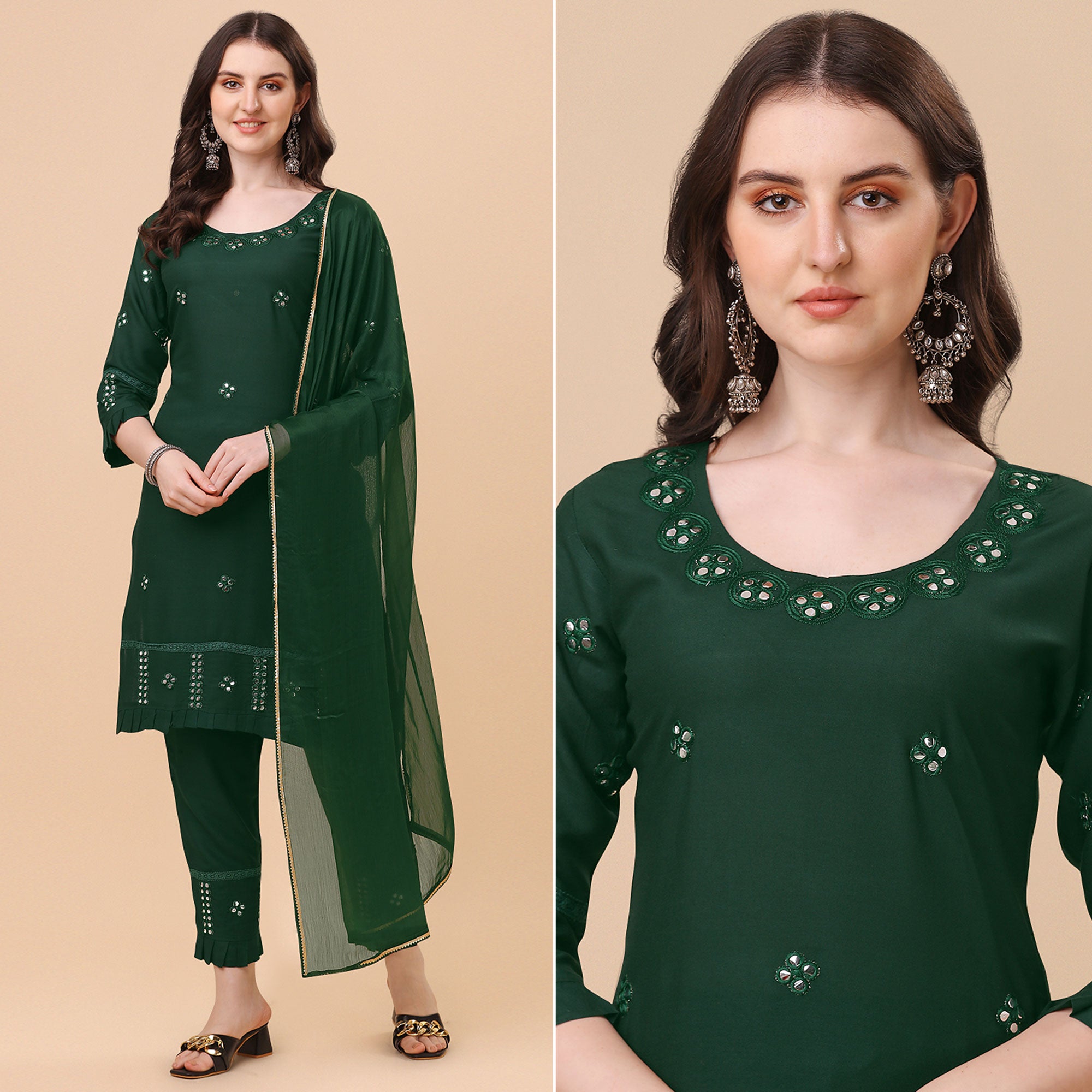 Green Embroidered Rayon Salwar Suit