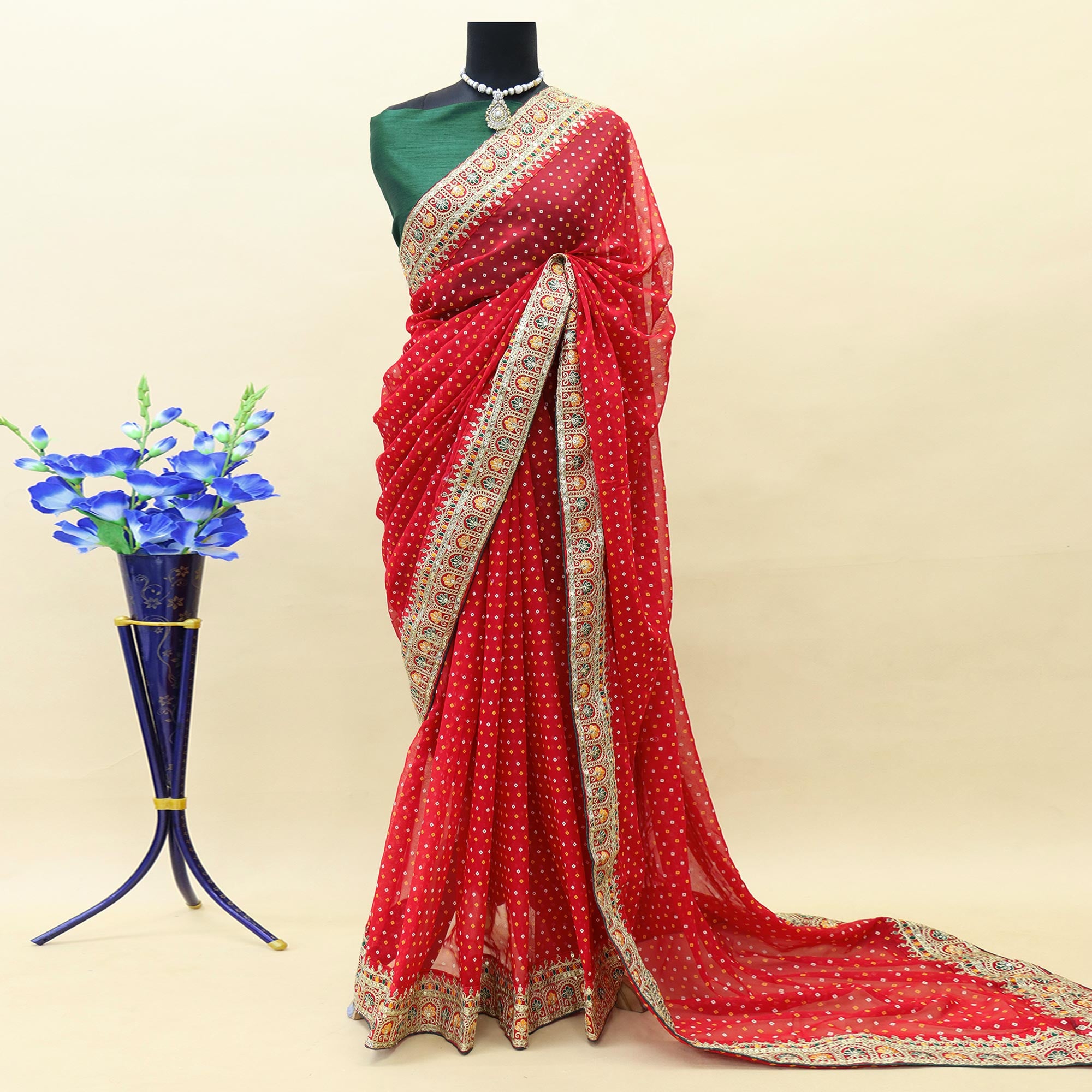 Red Bandhani Printed With Embroidered Border Georgette Saree