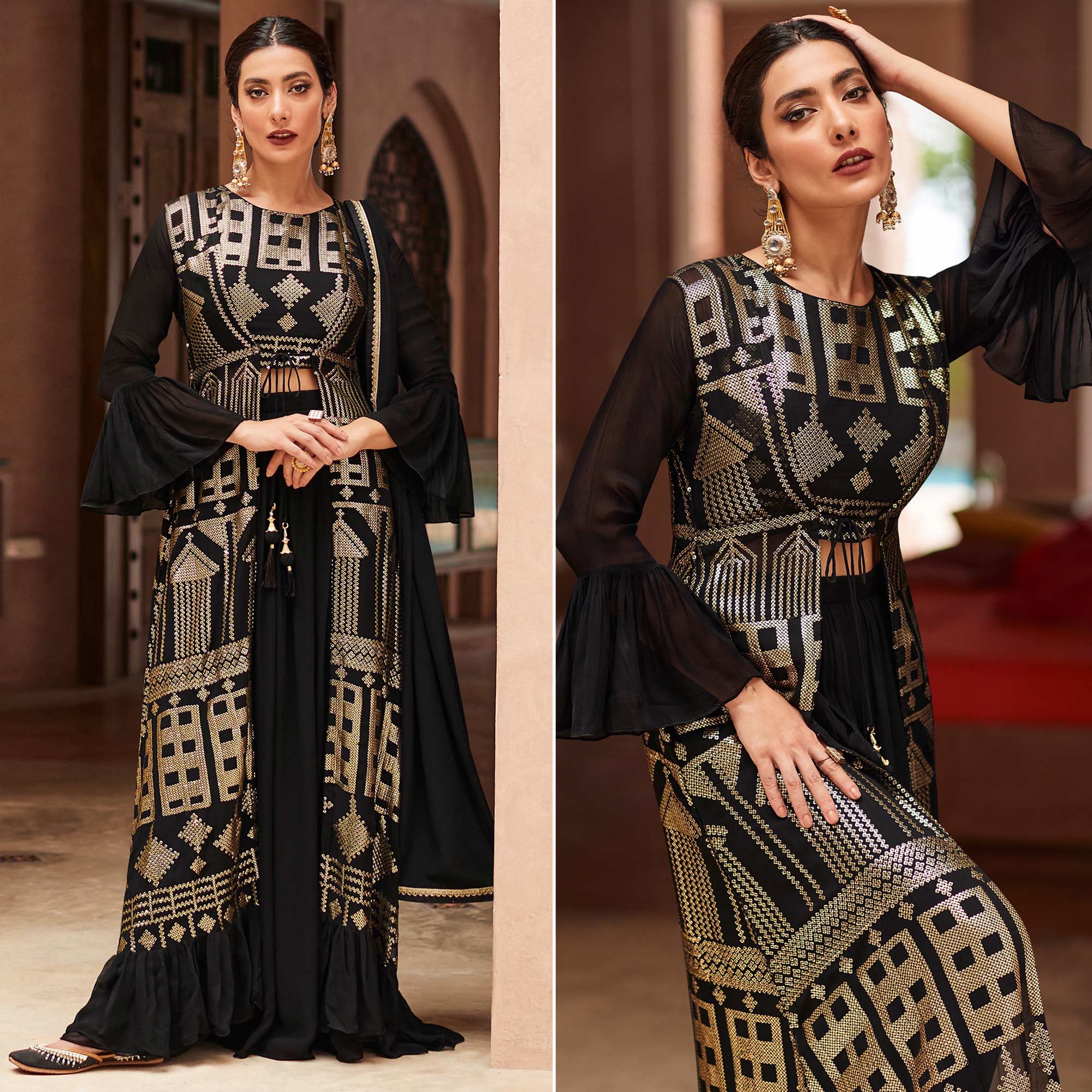 Black Sequins Embroidered Georgette Sharara Choli With Jacket