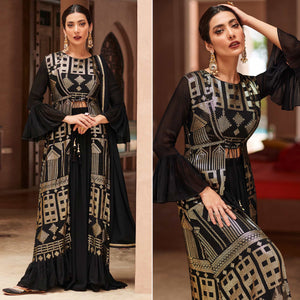Black Sequins Embroidered Georgette Sharara Choli With Jacket