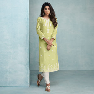 Green Lucknowi Embroidered Rayon Kurti