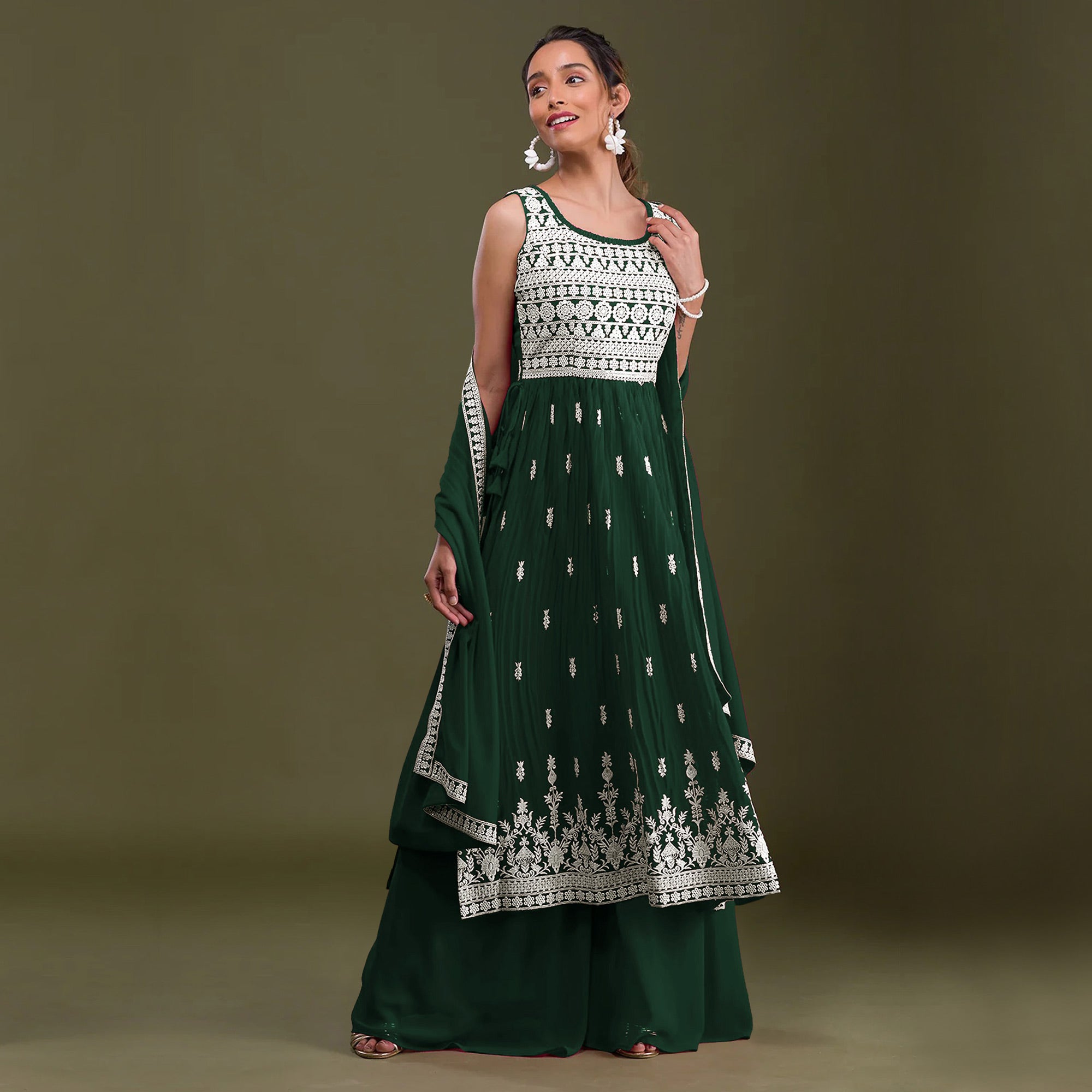 Green Embroidered Georgette Naira Cut Semi Stitched Palazzo Suit