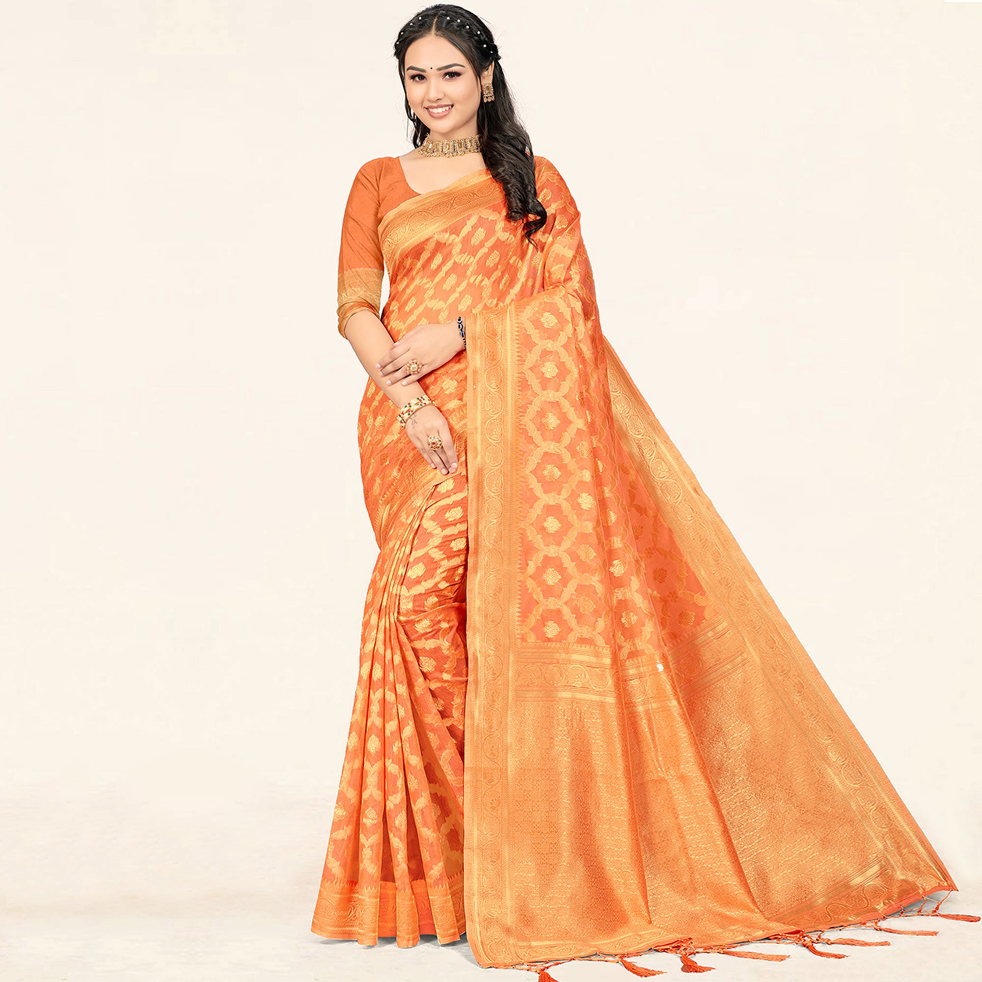 Peach Woven Cotton Saree With Tassels