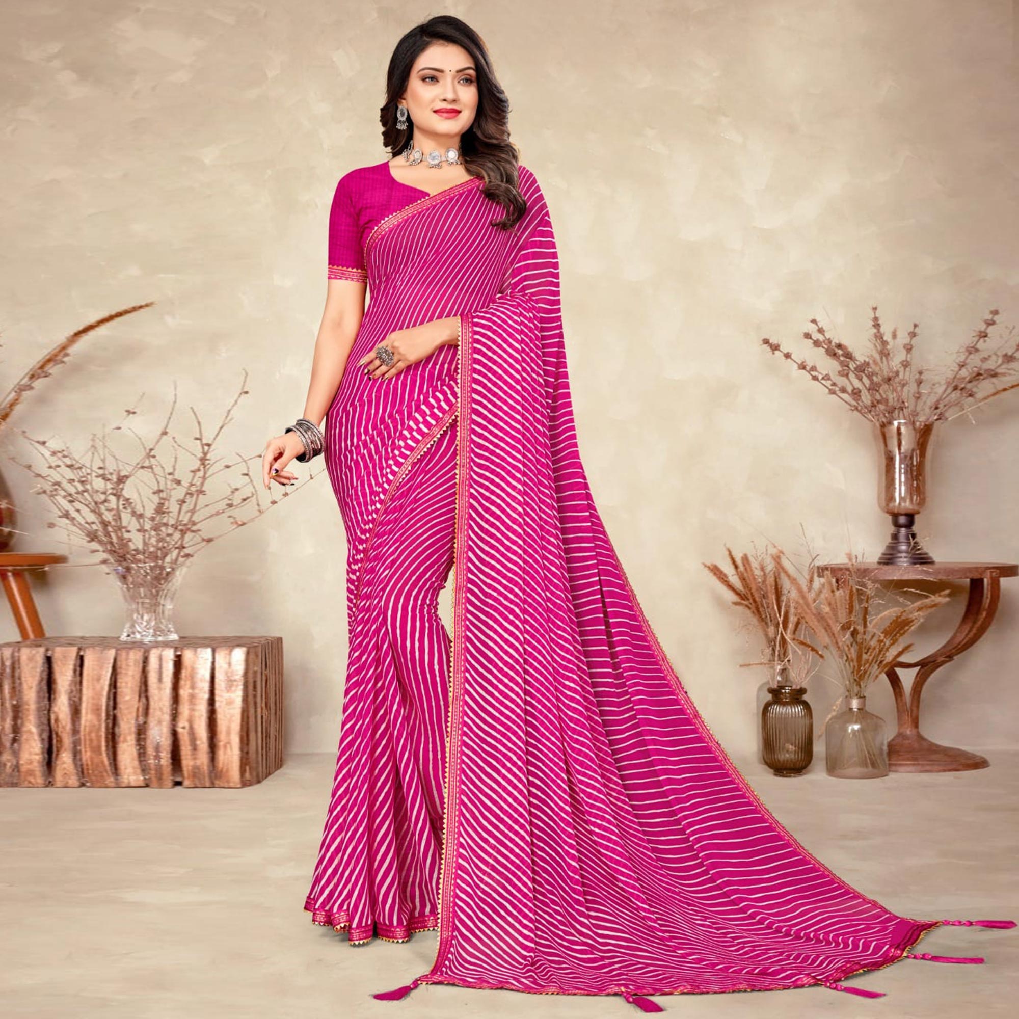 Pink Striped Printed Chiffon Saree