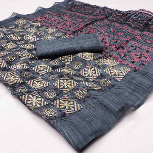 Grey Floral Printed Art Silk Saree