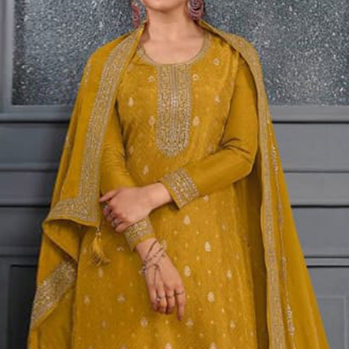 Mustard Woven With Sequins Embroidered Dola Silk Palazzo Suit
