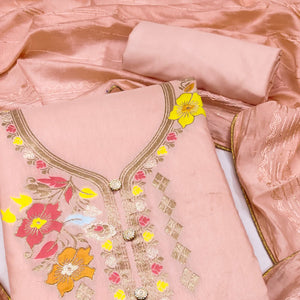 Peach Floral Woven Banarasi Silk Dress Material