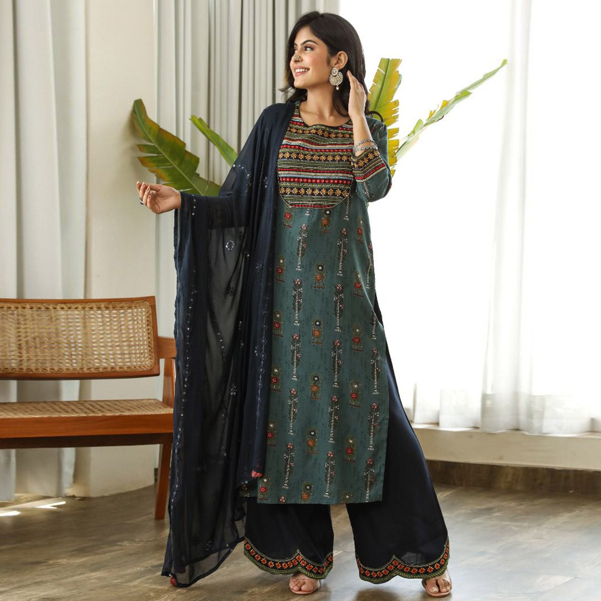 Blue Printed With Embroidered Rayon Palazzo Suit