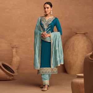 Aqua Blue Floral Sequins Embroidered Art Silk Semi Stitched Suit