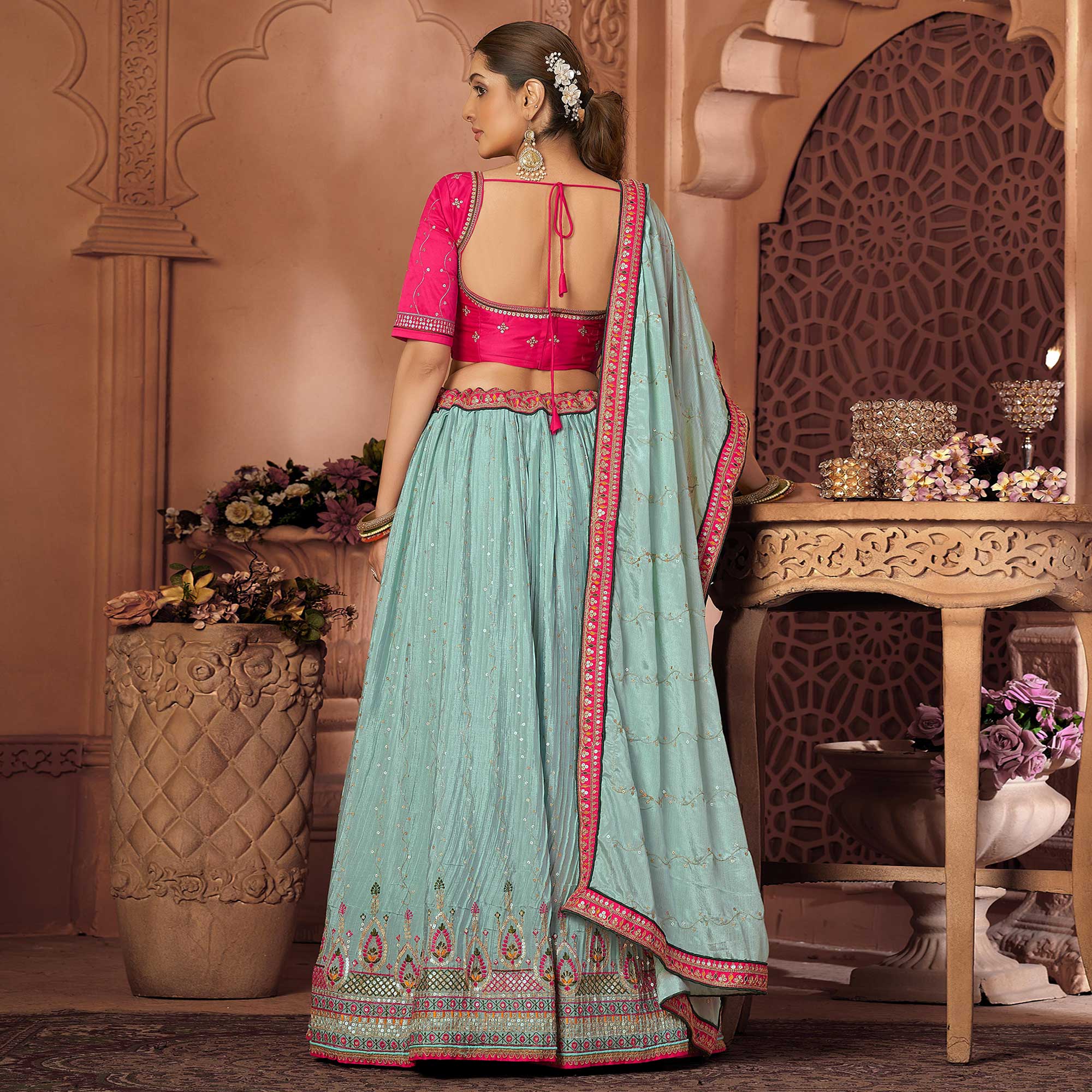 Sky Blue Sequins Embroidered Chiffon Lehenga Choli