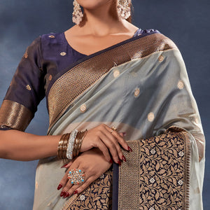 Grey Woven Organza Saree